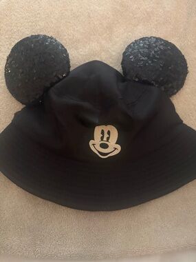 Black Sequin Ear Bucket Hat with Character Accent